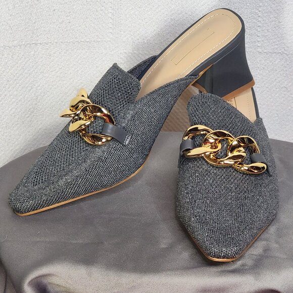Newbella Grey Mousse Fit Pointed Toe Square Heel Gold Tone Chain Dress Mule 7.5 - Picture 1 of 16